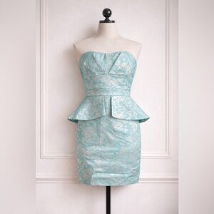 Speechless Strapless Peplum Jacquard Dress in Aqua